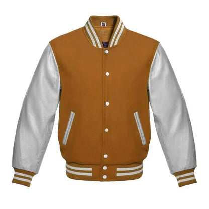 Tan Brown and Silver Varsity Jacket