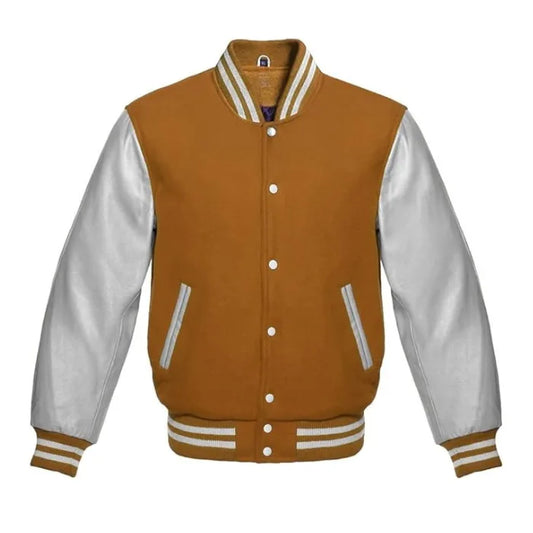 Tan Brown and Silver Varsity Jacket