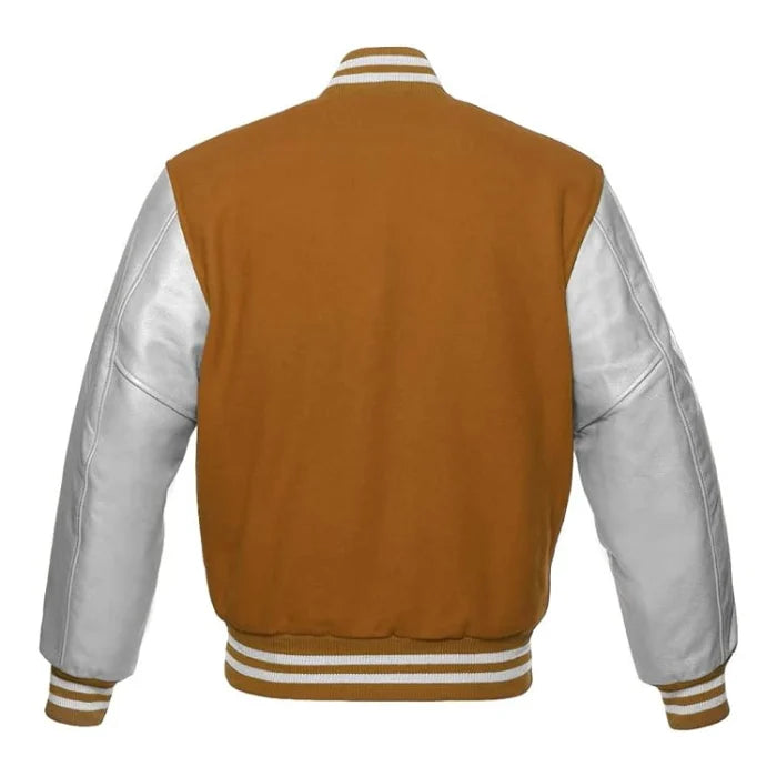 Tan Brown and Silver Varsity Jacket Back Side