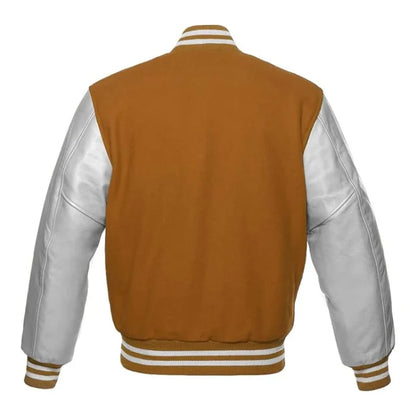 Tan Brown and Silver Varsity Jacket Back Side