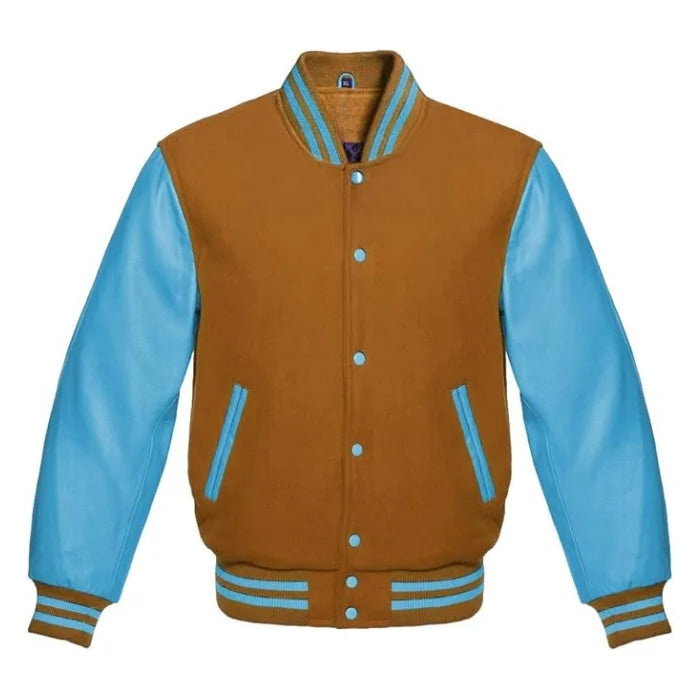 Tan Brown and Sky Blue Varsity Jacket