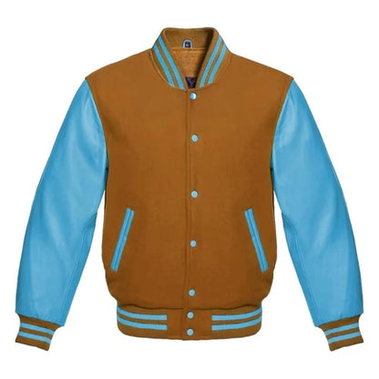 Tan Brown and Sky Blue Varsity Jacket