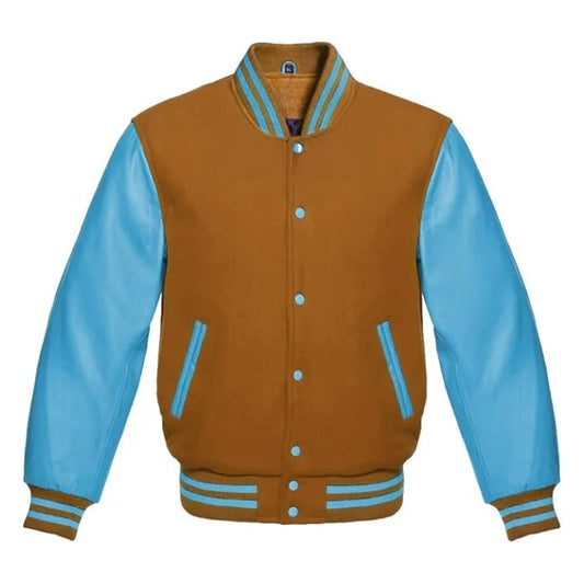 Tan Brown and Sky Blue Varsity Jacket
