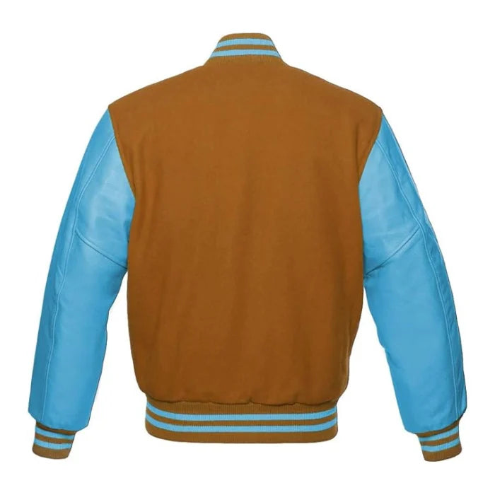 Tan Brown and Sky Blue Varsity Jacket Back Side