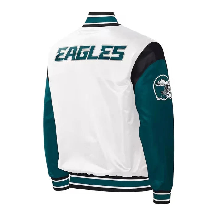Throwback Warm Up Pitch Philadelphia Eagles Varsity Satin Jacket Back Side