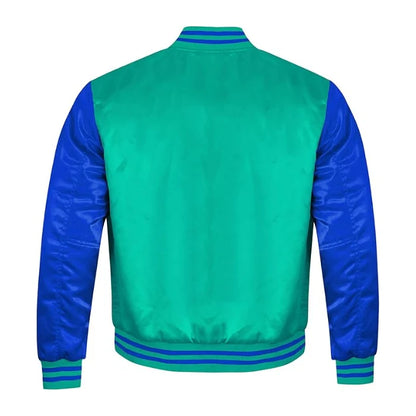 Tiffany and Royal Blue Satin Varsity Jacket Back Side