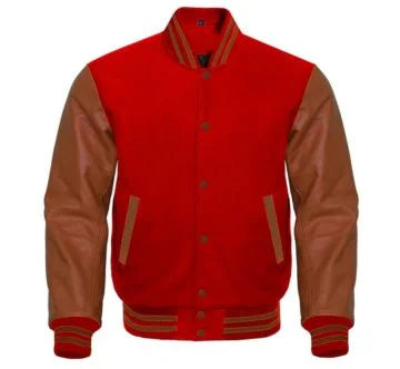 RED VARSITY JACKET WITH BROWN SLEEVES