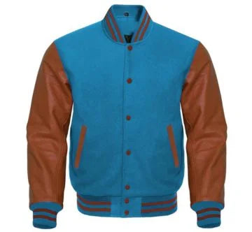 Sky Blue Varsity Jacket with Brown Sleeves