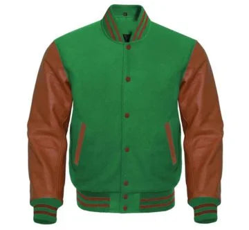 Green Varsity Jacket With Brown Sleeves