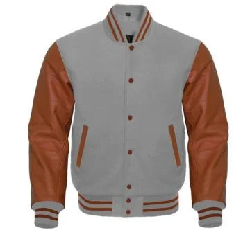 Grey Varsity Jacket with Brown Sleeves 