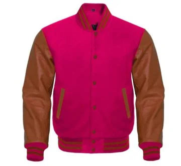 Hot Pink Letterman Jacket with Brown Sleeves