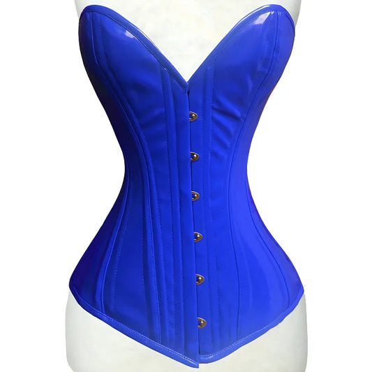 Women's Overbust Double Steel Boned Hourglass Corset Waist Trainer Blue PVC Costume Corset