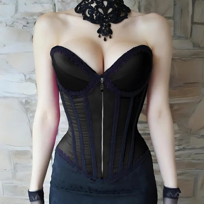 Heavy Duty Double Steel Boned Women's Over Bust Waist Cincher Satin Zip Black Corset