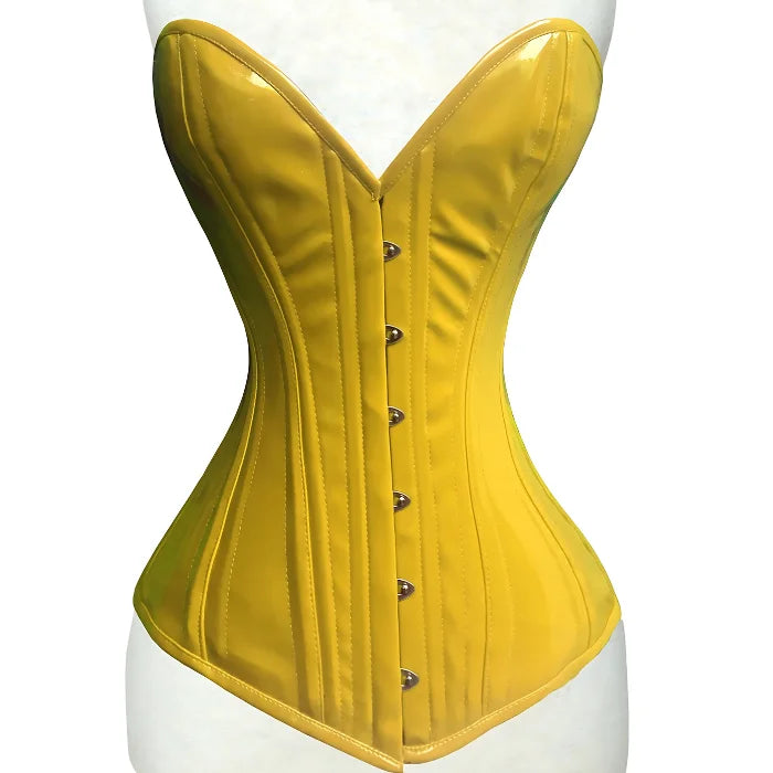 Women's Overbust Double Steel Boned Hourglass Corset Waist Trainer Yellow PVC Costume Corset