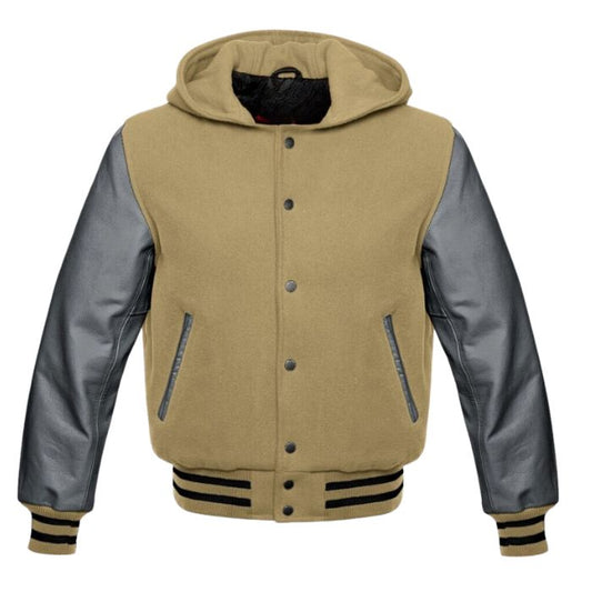 KHAKI HOODIE WITH DARK GREY LEATHER SLEEVES