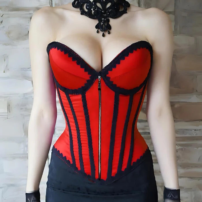 Heavy Duty Double Steel Boned Women's Over Bust Waist Cincher Satin Zip Red Corset