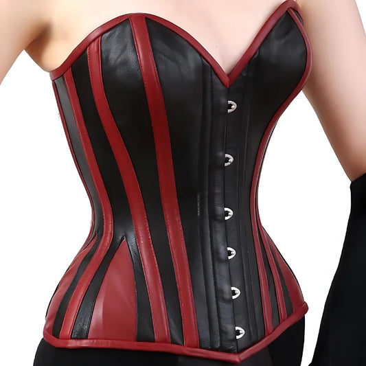 Overbust Steelboned Black Leather Corset With Red Leather Boning And Trim