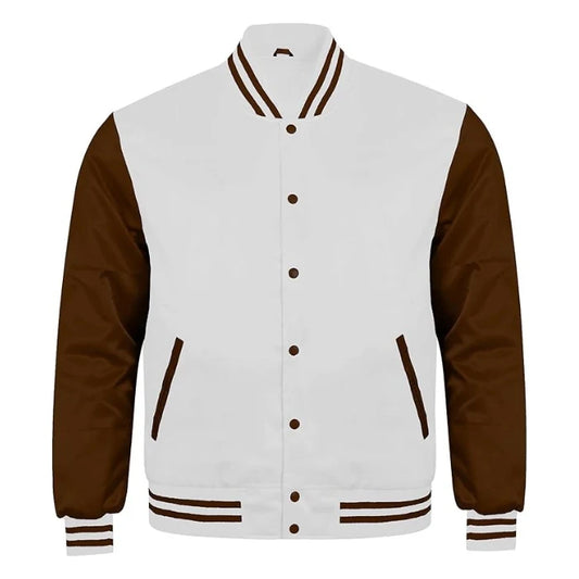 White and Brown Satin Varsity Jacket