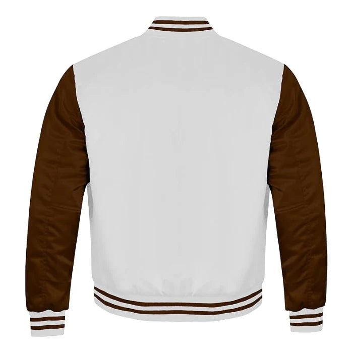 White and Brown Satin Varsity Jacket Back Side