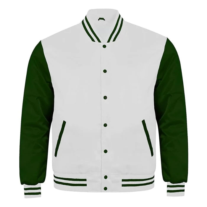 White and Forest Green Satin Varsity Jacket