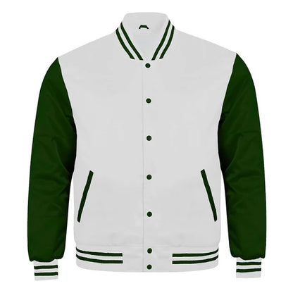 White and Forest Green Satin Varsity Jacket