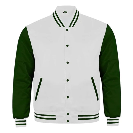 White and Forest Green Satin Varsity Jacket