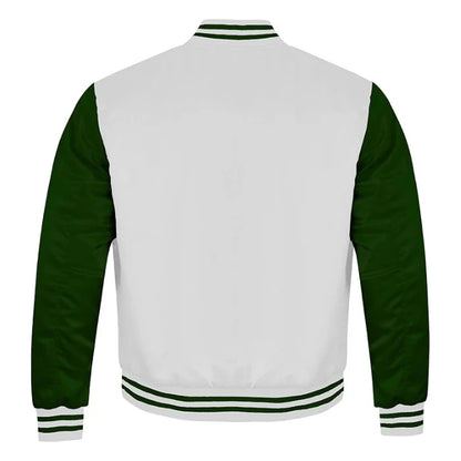 White and Forest Green Satin Varsity Jacket Back Side