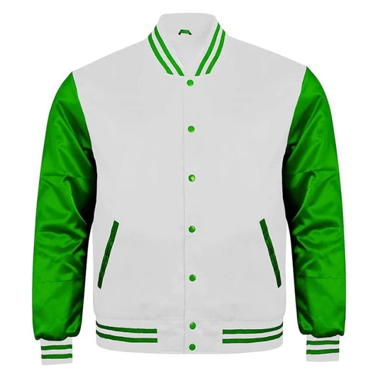 White and Green Satin Varsity Jacket