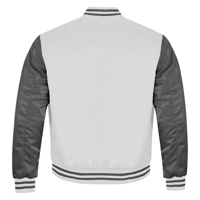 White and Grey Satin Varsity Jacket Back Side