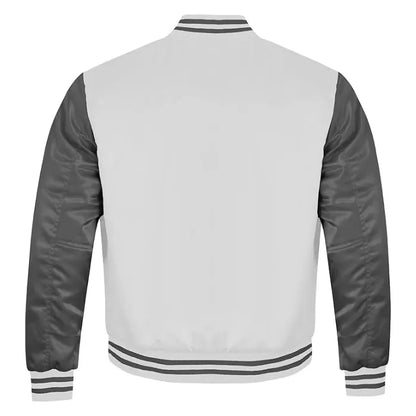 White and Grey Satin Varsity Jacket Back Side