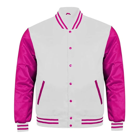 White and Hot Pink Satin Varsity Jacket