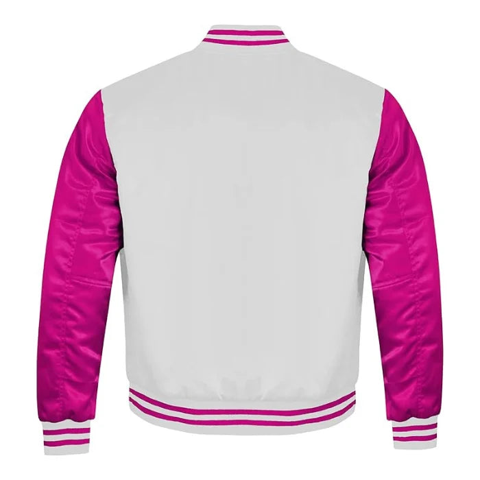 White and Hot Pink Satin Varsity Jacket Back Side