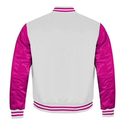 White and Hot Pink Satin Varsity Jacket Back Side