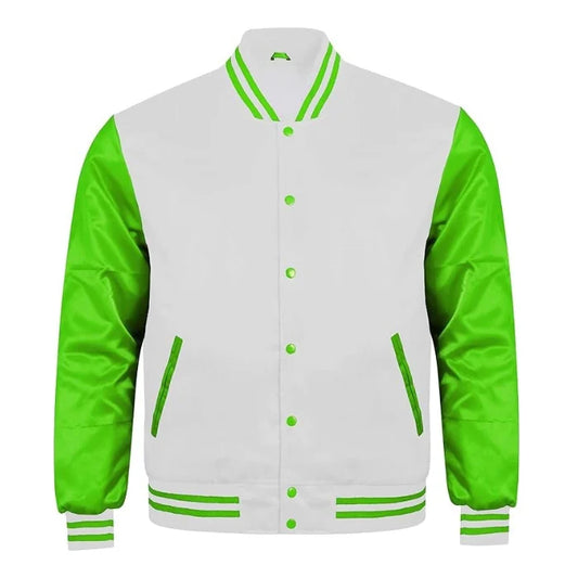 White and Kelly Green Satin Varsity Jacket