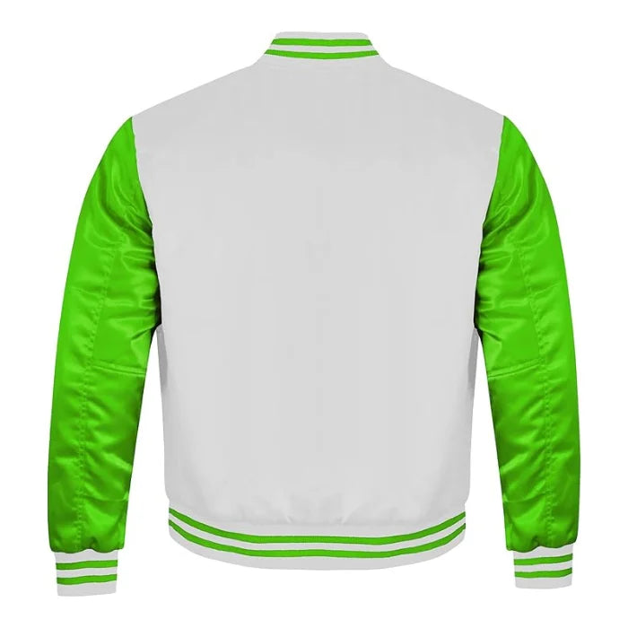 White and Kelly Green Satin Varsity Jacket Back Side