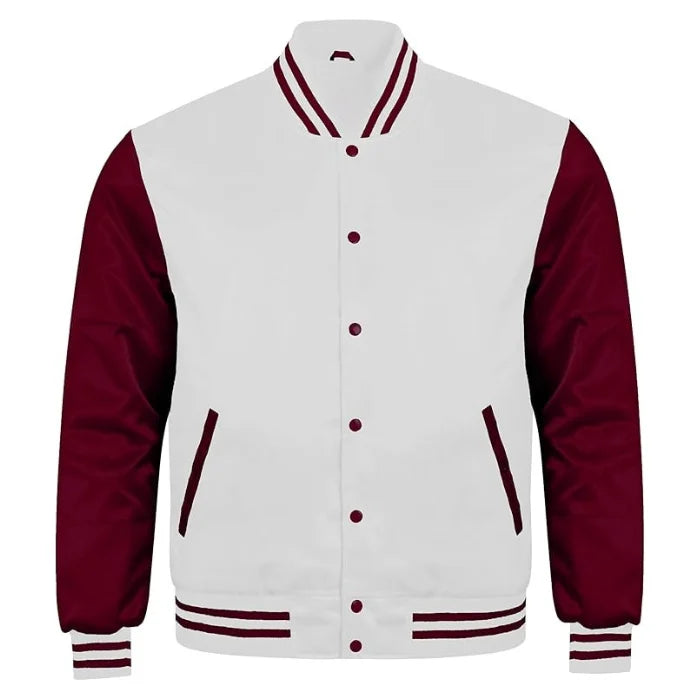 White and Maroon Satin Varsity Jacket