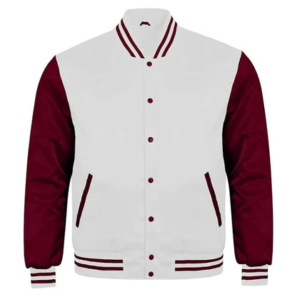 White and Maroon Satin Varsity Jacket