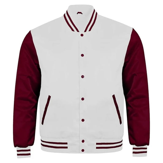 White and Maroon Satin Varsity Jacket