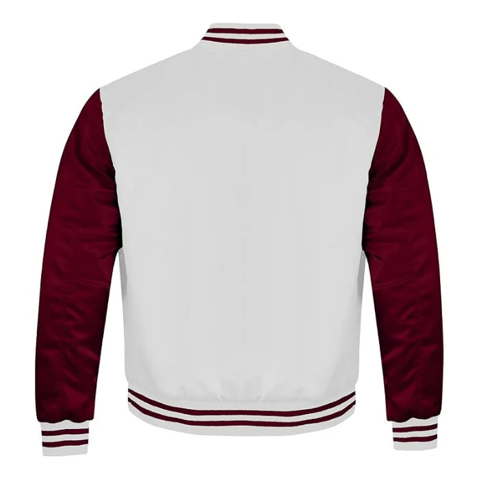 White and Maroon Satin Varsity Jacket Back Side