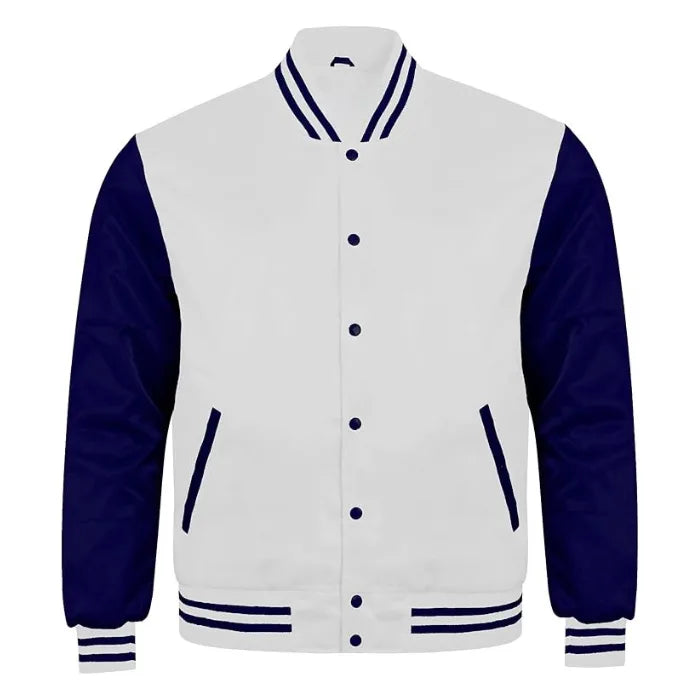 White and Navy Satin Varsity Jacket