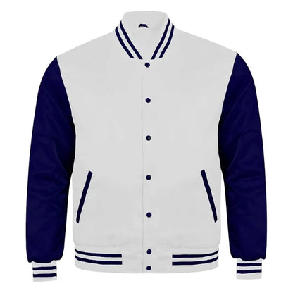 White and Navy Satin Varsity Jacket