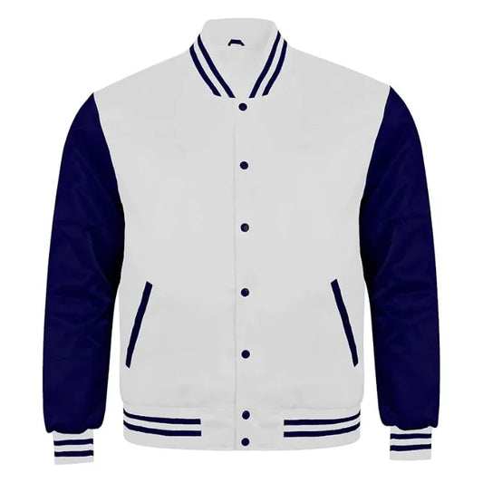 White and Navy Satin Varsity Jacket