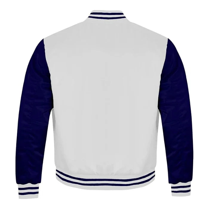 White and Navy Satin Varsity Jacket Back Side