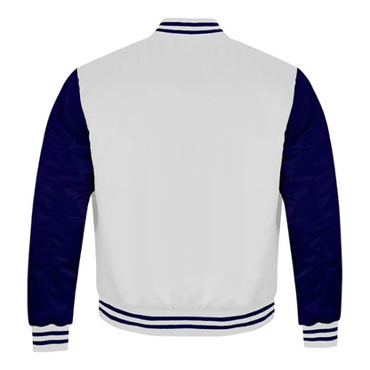 White and Navy Satin Varsity Jacket Back Side