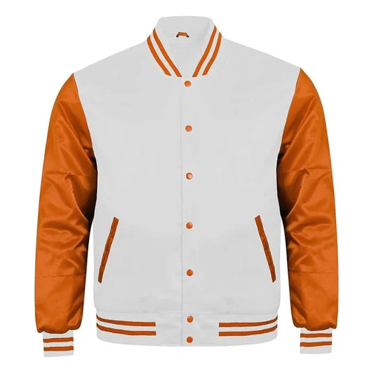 White and Orange Satin Varsity Jacket