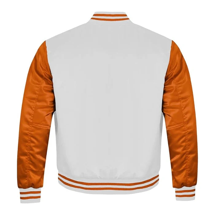 White and Orange Satin Varsity Jacket Back Side