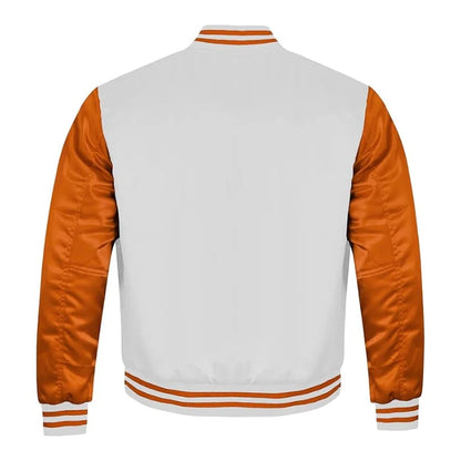 White and Orange Satin Varsity Jacket Back Side