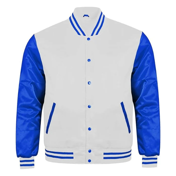 White and Royal Blue Satin Varsity Jacket