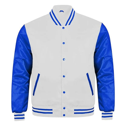 White and Royal Blue Satin Varsity Jacket