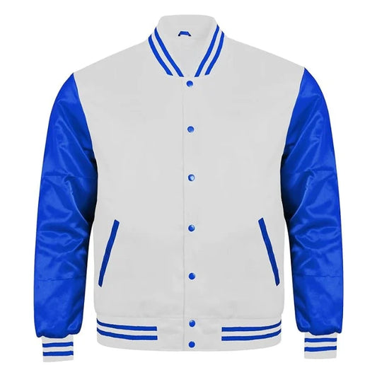White and Royal Blue Satin Varsity Jacket